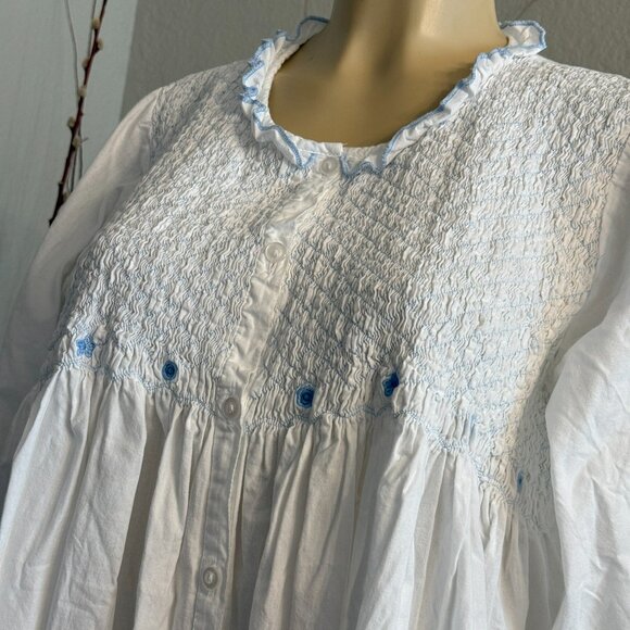 The 1 for U Smocked Top Blue Ruffled Trim Long Sleeved NIGHT GOWN w/ pockets - Picture 2 of 8